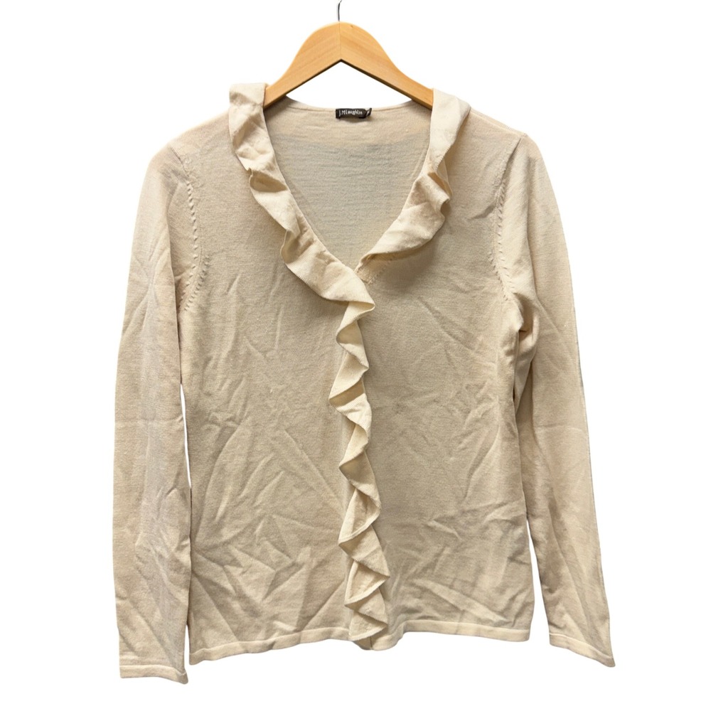 J.McLaughlin Sweater Womens Medium Ruffle V-Neck Cream Merino Wool Pullover
